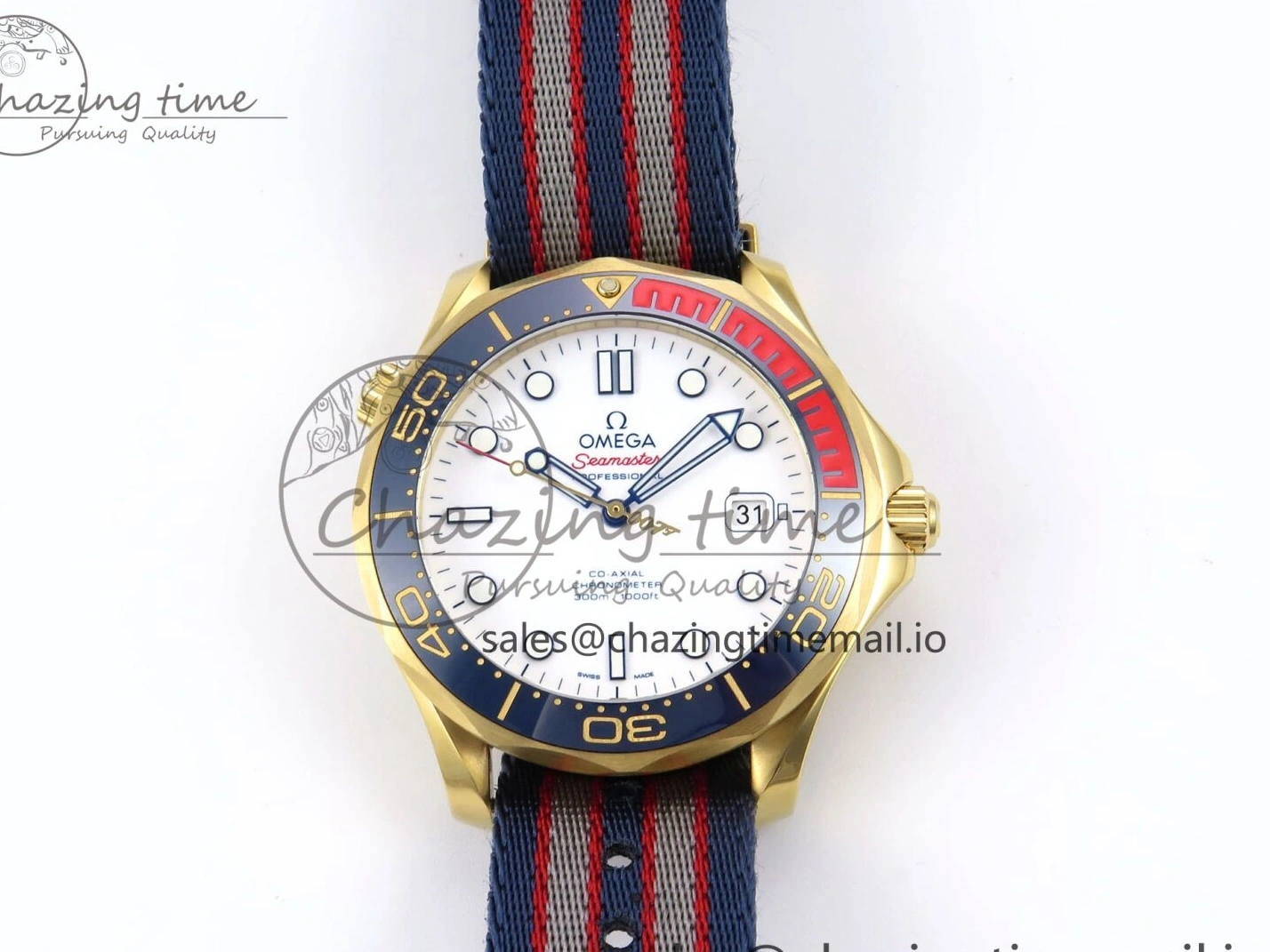 0408 Seamaster 300m Diver YG OMF 1:1 Best Edition Blue Orange Ceramic White Dial on Blue Nato Strap A Colorful 7704